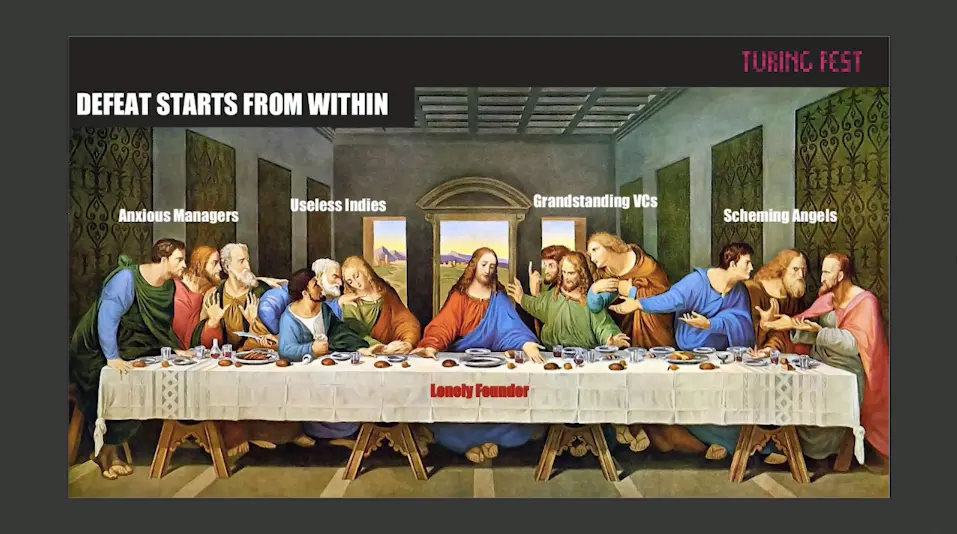 Slide 'Defeat Starts From Within' labelling Last Supper figures as anxious managers, useless indies, grandstanding VCs and lonely founder