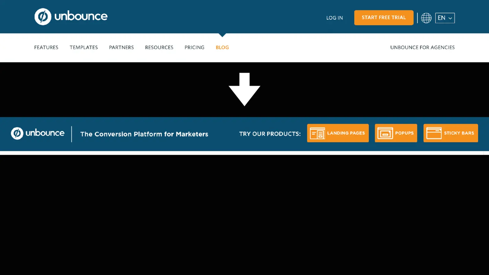 Before and after of Unbounce's blog nav, redesigned into a product bar promoting Landing Pages, Popups and Sticky Bars