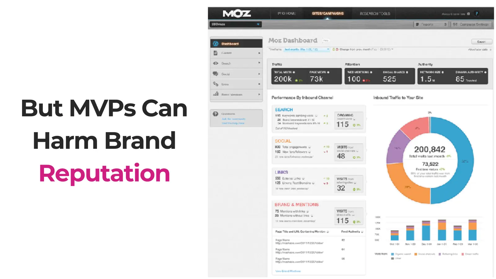 Moz dashboard screenshot beside the caption "But MVPs can harm brand reputation"