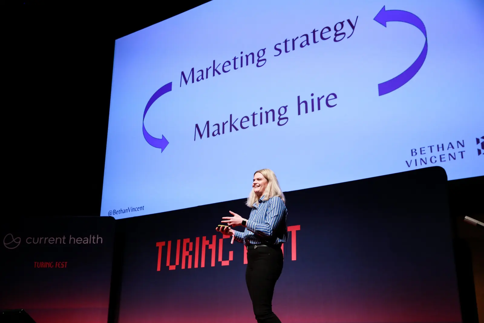 Bethan Vincent presenting a marketing strategy slide at Turing Fest 2021