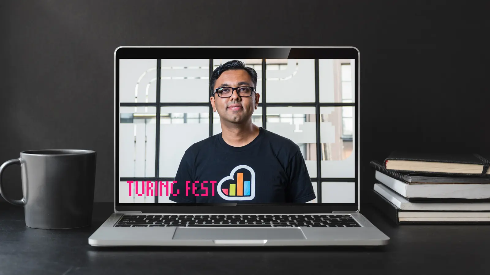 Hiten Shah of Nira shown on a laptop screen with the Turing Fest logo