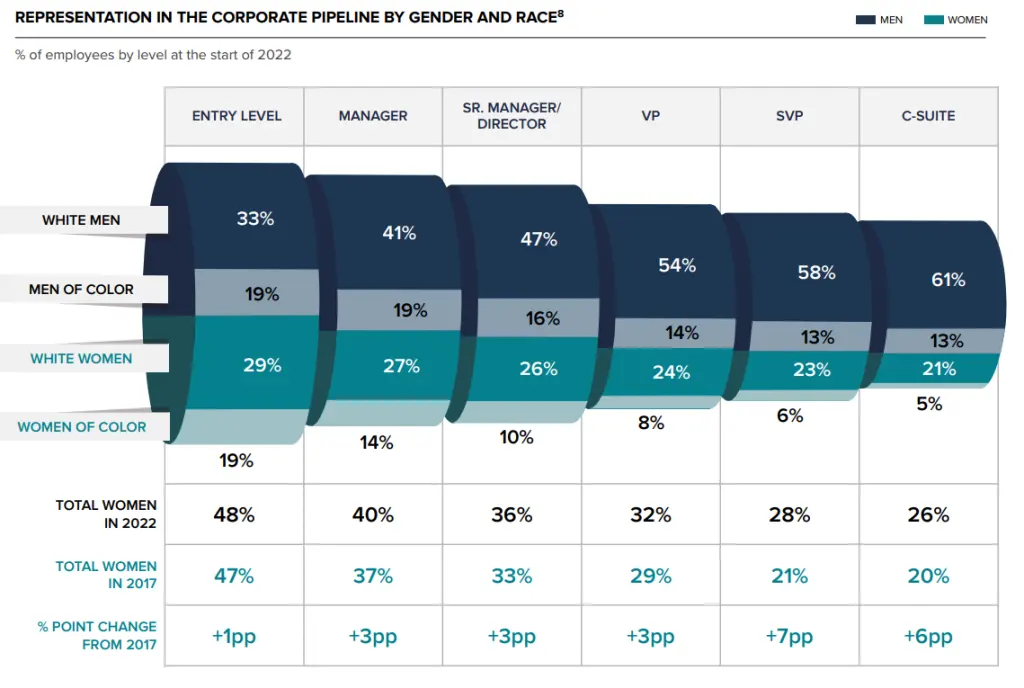 Chart of corporate pipeline representation by gender and race from entry level to C-suite in 2022